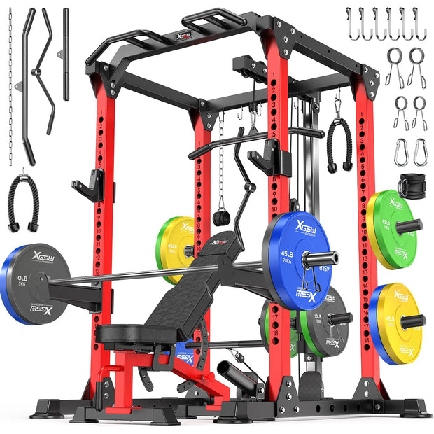 Power Cage Multi-Function Power Rack with Cable Crossover System,1800 LBS Capacity Squat Rack with Weight Bench,for Home Gym