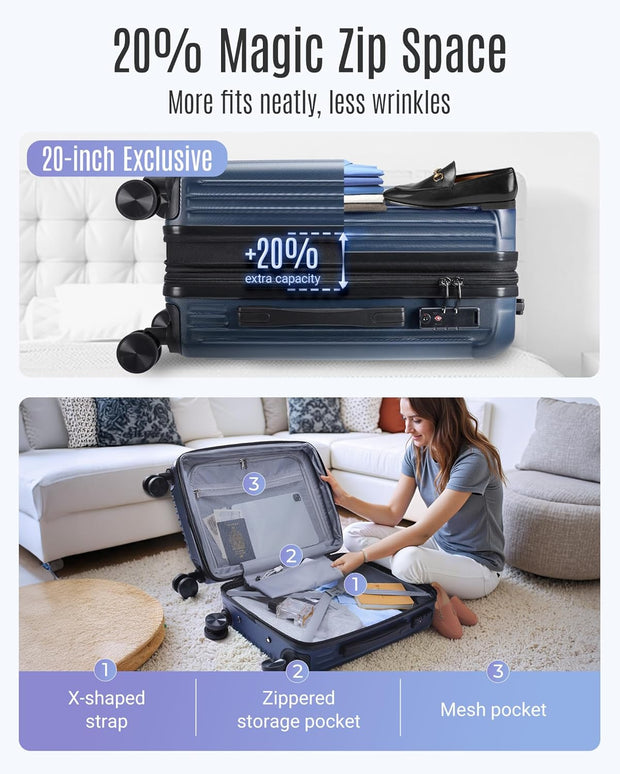 LIGHT FLIGHT Travel Luggage Sets, 3 Piece Set Suitcase with Spinner Wheels, Hardside Lightweight Luggage set with TSA Lock (20" 24" 28"), Navy Blue