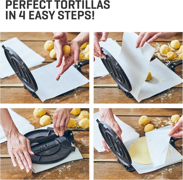 Uno Casa Cast Iron Tortilla Press 8 Inch - Tortilla Maker Press, Pre-Seasoned Roti Maker with 100 Pcs Parchment Paper - Heavy Duty Quesadilla Maker for Homemade Flatbreads, Rotis, Empanadas