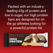 MUSASHI High Protein Bar, 45g Protein, 2g Total Sugars, Peanut Butter & Milk Chocolate Coated, Post Workout and Protein Snack On The Go, 12 Pack of 3.2oz (90g) Bars