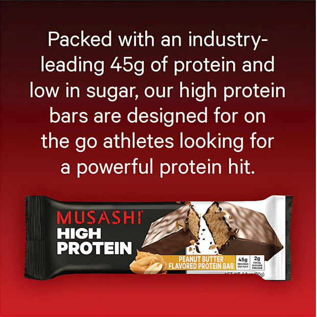 MUSASHI High Protein Bar, 45g Protein, 2g Total Sugars, Peanut Butter & Milk Chocolate Coated, Post Workout and Protein Snack On The Go, 12 Pack of 3.2oz (90g) Bars
