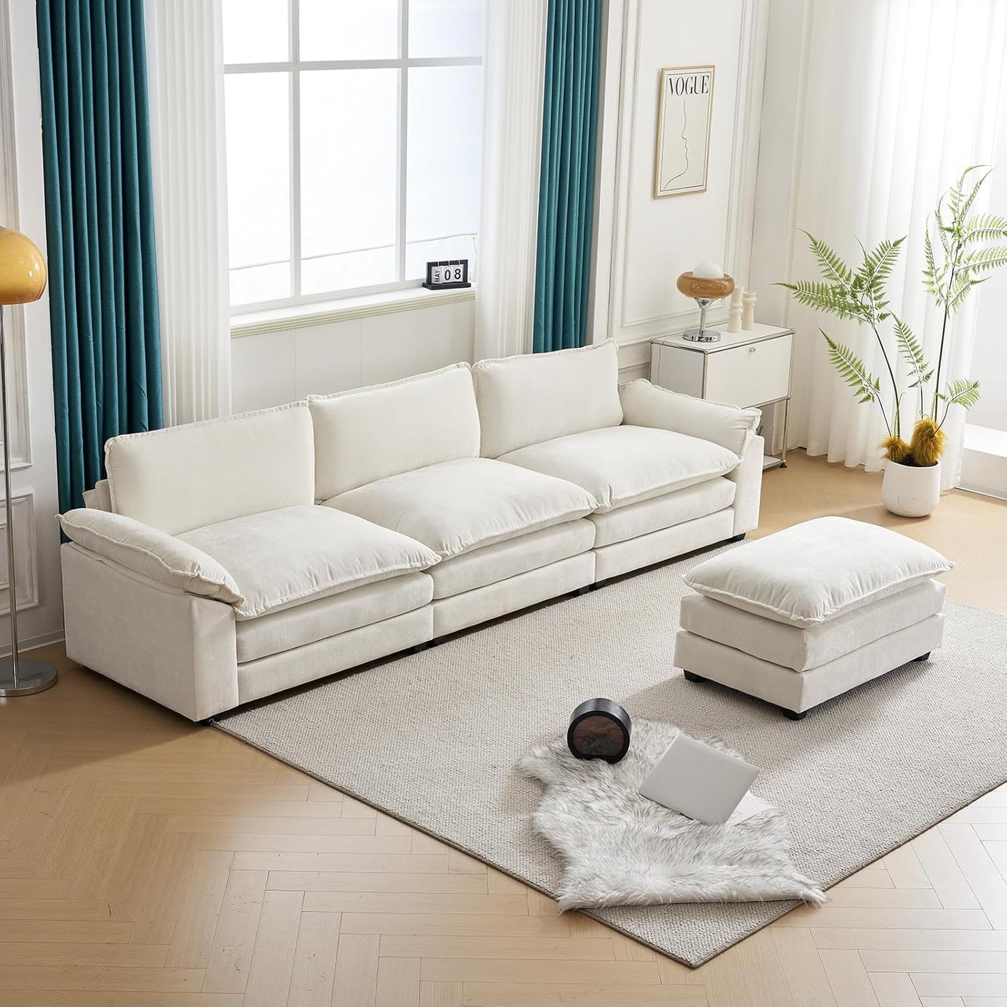 Karl home Sectional Sofa Modular Deep Seat Sofa Couch with Ottoman, Chenille Sofa Sleeper Comfy Upholstered Furniture for Living Room, Apartment, Studio, Office, (3-Seat & 1-Ottoman, Beige)