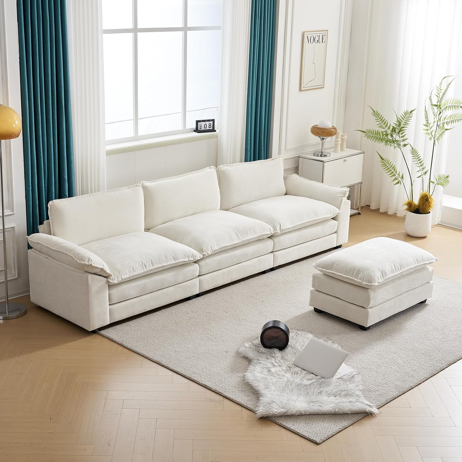 Karl home Sectional Sofa Modular Deep Seat Sofa Couch with Ottoman, Chenille Sofa Sleeper Comfy Upholstered Furniture for Living Room, Apartment, Studio, Office, (3-Seat & 1-Ottoman, Beige)
