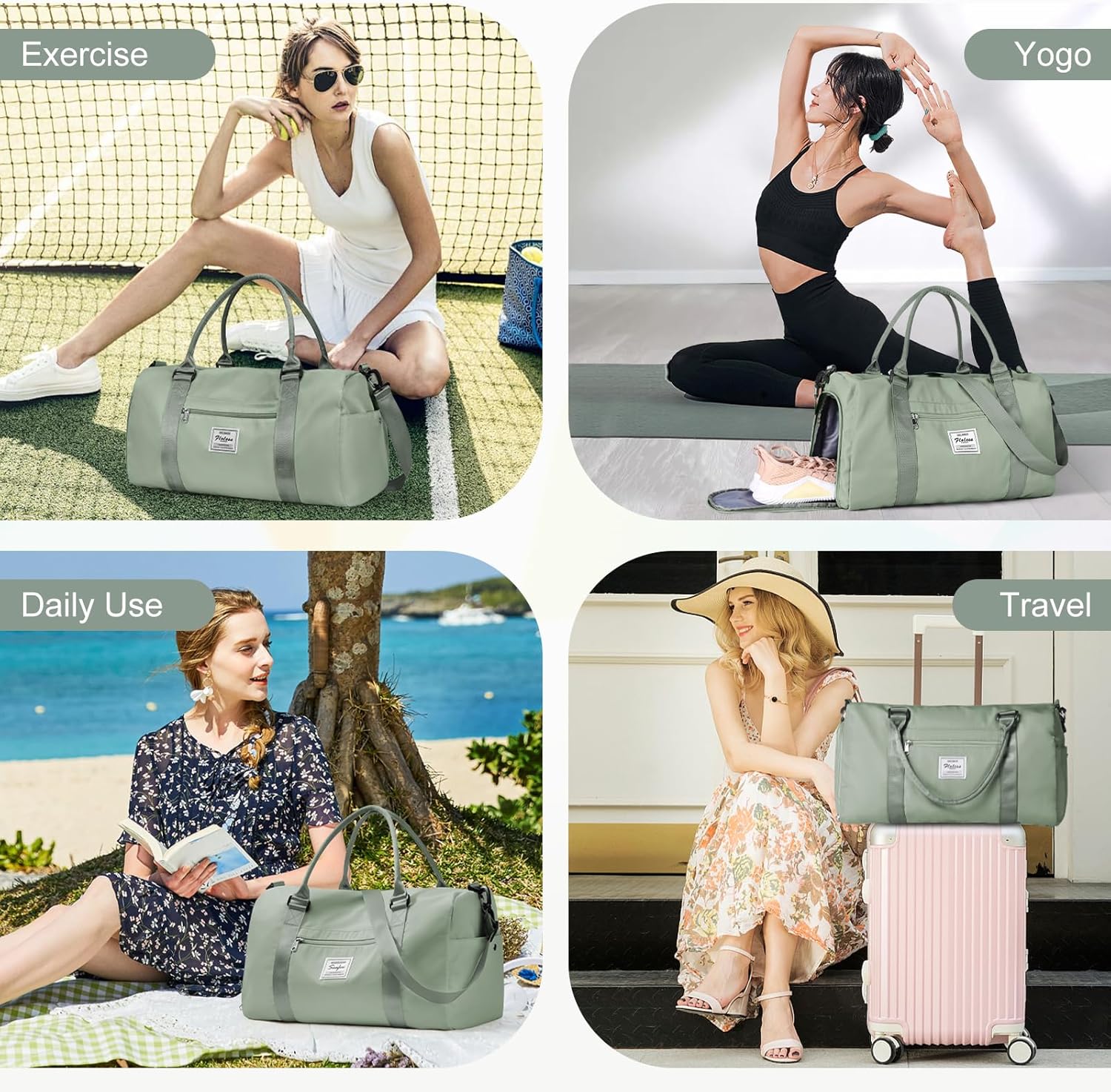 Gym Bags for Women Men with Shoes Compartment,Sports Duffle Bags Personal item travel Duffel Tote Bag Small Carry on Weekender Overnight Bag Workout Dance Bags Hospital Holdalls Grey Green