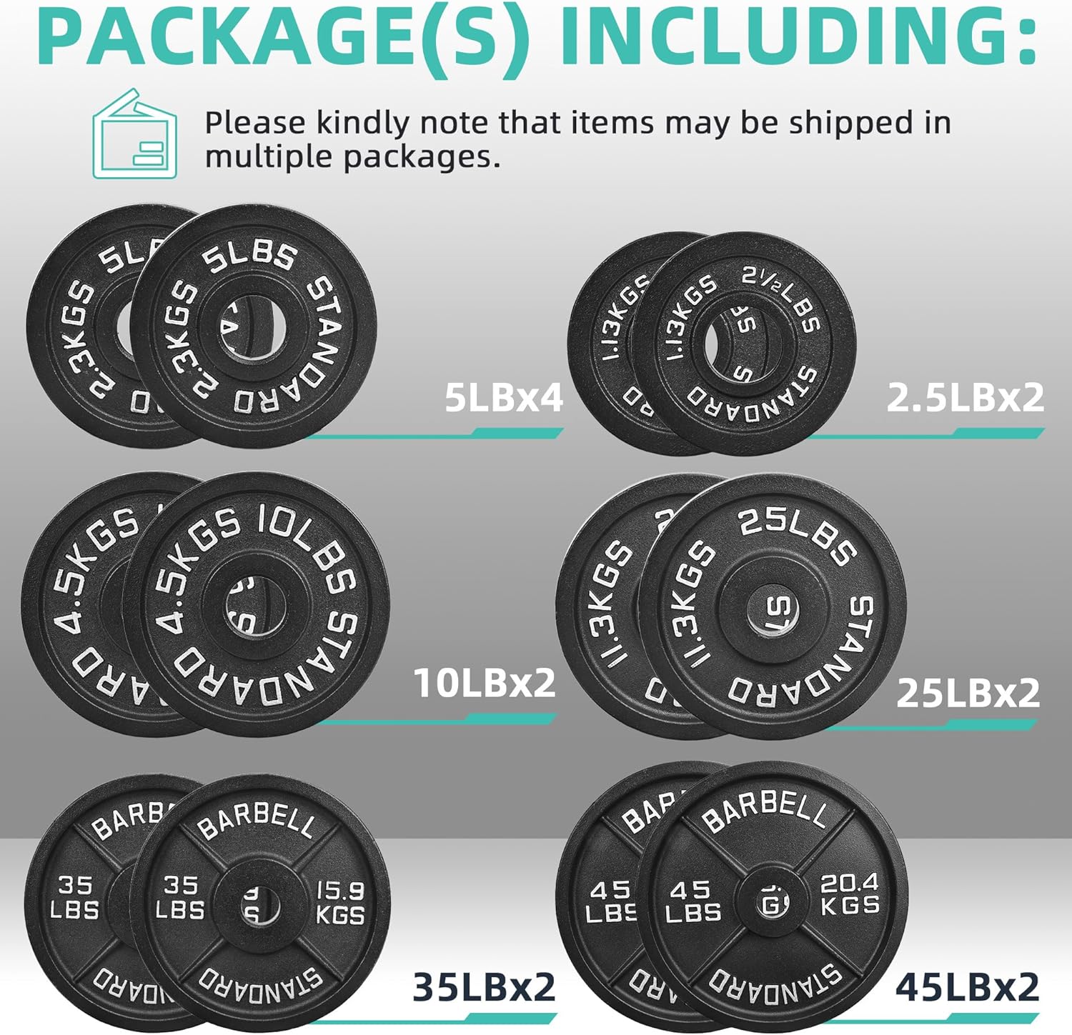 Olympic Cast Iron 2-Inch Weight Plates for Strength Training & Weightlifting, 255 Pounds Set, Multiple Packages