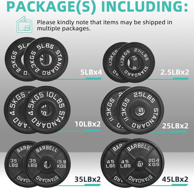 Olympic 2-Inch Cast Iron Barbell Set, 5FT/7FT Olympic Barbell with 85LB-255LB Weight Plates, Multiple Packages