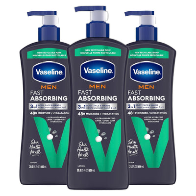 Vaseline Men's Healing Moisture Hand & Body Lotion For Dry or Cracked Skin Fast Absorbing Non-Greasy Lotion for Men 20.3 oz, Pack of 3