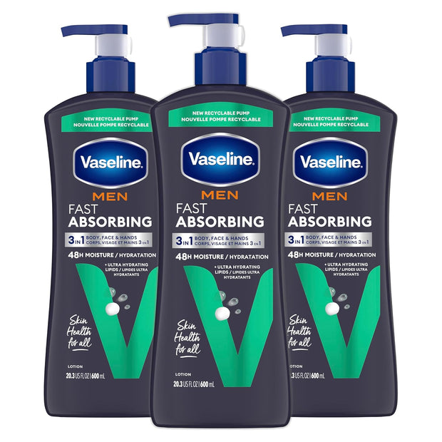 Vaseline Men's Healing Moisture Hand & Body Lotion For Dry or Cracked Skin Fast Absorbing Non-Greasy Lotion for Men 20.3 oz, Pack of 3