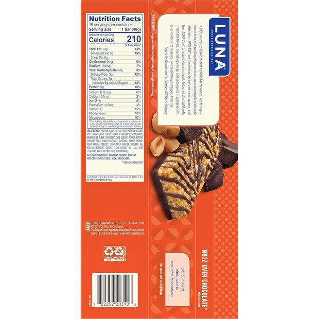 LUNA Bar - Nutz Over Chocolate Flavor - Gluten-Free - Non-GMO - 7-9g Protein - Made with Organic Oats - Low Glycemic - Whole Nutrition Snack Bars - 1.69 oz. (15 Count)