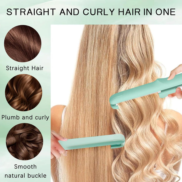 Mini Dual Purpose Curling Iron, 2 in 1 Mini Curling Wand & Flat Iron Hair Straightener, Portable Travel Curling Wand, Small Curling Iron for Women Short Hair, Hair Straightener (Green)