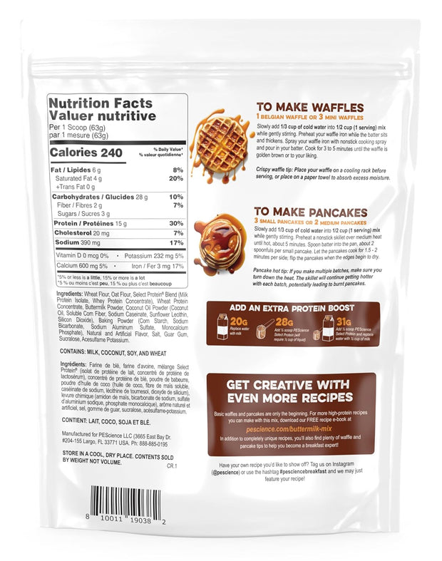 PEScience Protein Pancake & Waffle Mix, Homestyle Buttermilk, 15g High Protein Snacks, Whey and Casein Blend, 12 Servings, Just Add Water