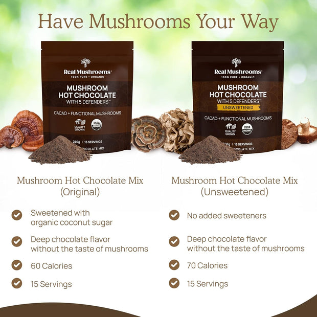 Real Mushrooms Organic Hot Chocolate Mix with Reishi, Turkey Tail, Chaga, Shiitake, Maitake – Cacao Powder Organic Mushroom– 5 Defenders Mushroom Cacao Powder, Vegan, Gluten-Free, 15 Servings