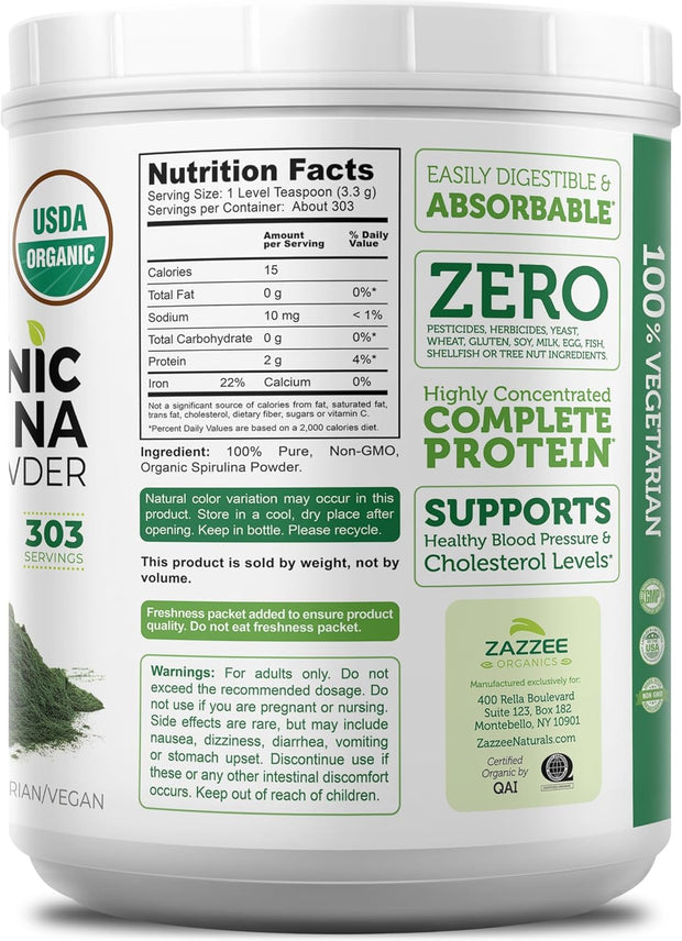 Zazzee Organic Spirulina Powder, 2.2 Pounds (1 KG), USDA Certified, 303 Servings, Kosher, 100% Pure, Non-Irradiated, Mess-Free Wide Mouth Container, Fresh Smell and Neutral Taste, Non-GMO, Gluten-Free