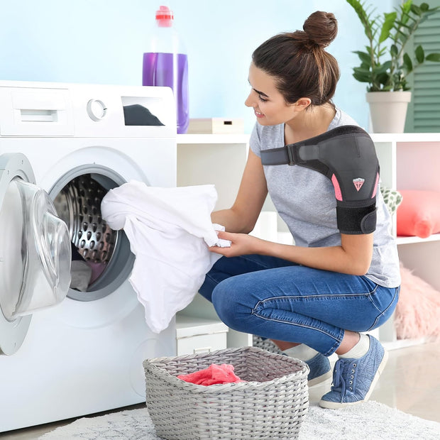 Shoulder Brace - Support & Injury Prevention Brace- Joint Pain Releaser- Shoulder Compression Wrap Strap - Adjustable Injury Accessories for Shoulders - Premium Quality Strap by FIGHTECH (Pink, L-XL)