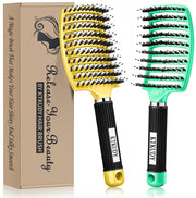 KTKUDY Detangling Brush Getting Knots Out without Pain - Boar Bristles HairBrush Make Hair Shiny & Healthier Vented Detangler Brush for Women Men Kids Wet and Dry Hair (Gold & Green)