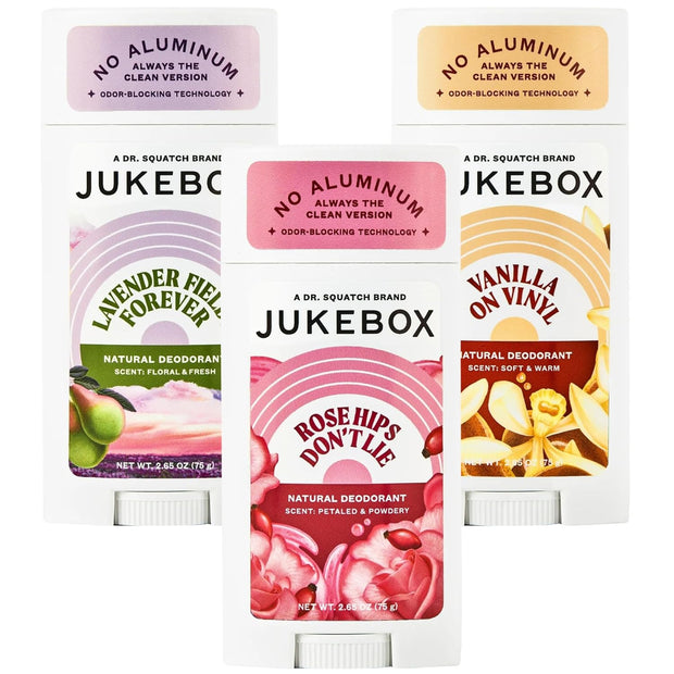 JUKEBOX Natural Deodorant for Women 3 Pack Sampler Gift Pack–Lavender Fields Forever, Rose Hips Don't Lie, Vanilla on Vinyl