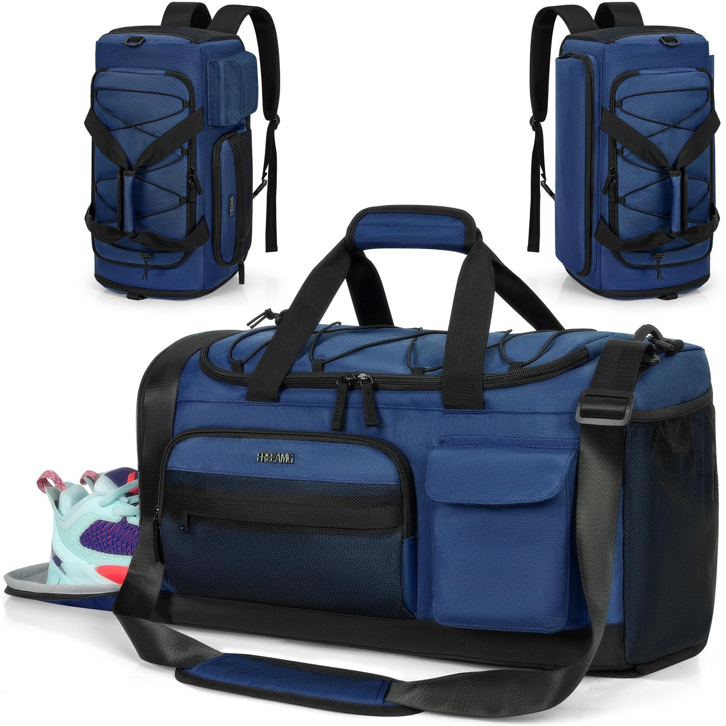 Gym Bag for Men Women, Water-resistant Sports Duffle Backpack, Travel Duffle Bag with Shoe Laptop Compartment, Weekender Overnight Carry On Backpack for Gym Travel (Black)
