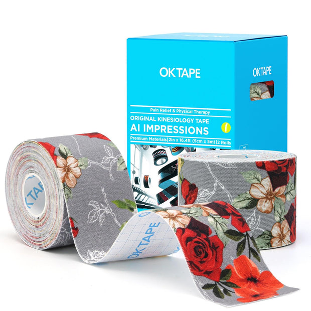 OK TAPE Patterned Kinesiology Tape, Elastic Physical Therapy Athletic Tape for Pain Relief & Muscle Support, Uncut Kinetic Tape, 2in x 16.4ft- 2 Rolls (Rose)