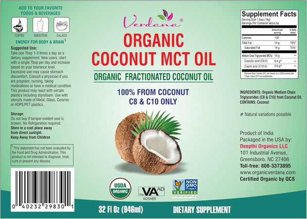 Verdana USDA Certified Organic Coconut MCT Oil –Fractionated Coconut Oil – No Palm Kernel Used – Kosher, Food Grade, Non-GMO – Great for Keto and Paleo Diets – 1Gallon