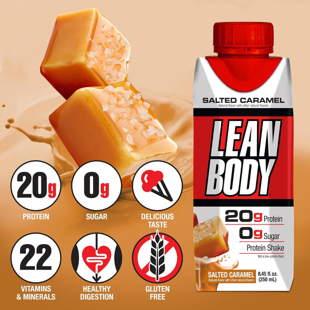 Lean Body Ready-to-Drink Salted Caramel Protein Shake, 20g Protein, Whey Blend, 0 Sugar, Gluten Free, 22 Vitamins & Minerals, (Recyclable Carton & Lid - Pack of 4)