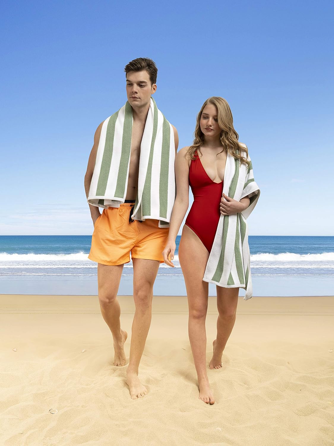 American Soft Linen Cabana Striped Beach Towels, 30x60 inch 4 Piece Oversize Pool Towels, Quick Drying Sand Free Swim Towels, Sage Green