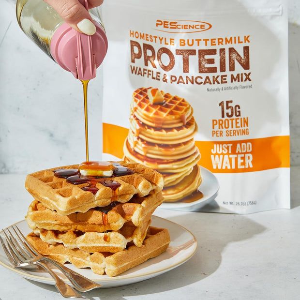 PEScience Protein Pancake & Waffle Mix, Homestyle Buttermilk, 15g High Protein Snacks, Whey and Casein Blend, 12 Servings, Just Add Water