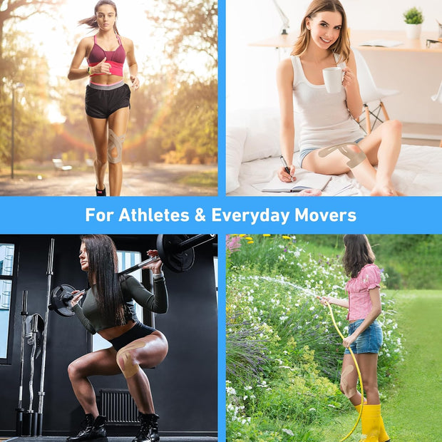 PreCut Kinesiology Tape for Knees, 12 PCS Waterproof KTQUICK Knee Tape for Knee Pain Relief Pre Cut, Original Cotton Athletic Knee Tape, Waterproof & Hypoallergenic Latex-Free for Sports (Black)