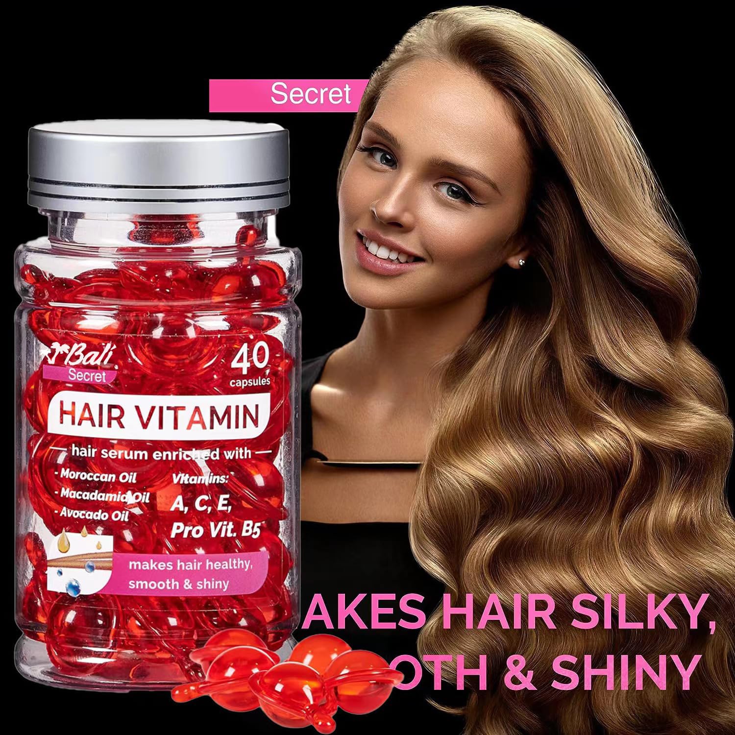 Hussell Hair Treatment Serum Bali Secret - 40 Hair Care Capsules - No Rinse - With Argan Macadamia & Avocado Oils - Vitamins A, E, & Pro B5 - Conditioner for Women & Men