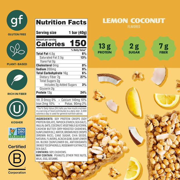 Simply Protein - Lemon Coconut Crispy Bars - Plant Based Protein Bars - Low Carb, Low Sugar, High Fiber - 13g Protein, 2g Sugar, 7g Fiber - Vegan, Gluten Free, Non GMO, Kosher - 24 Bars
