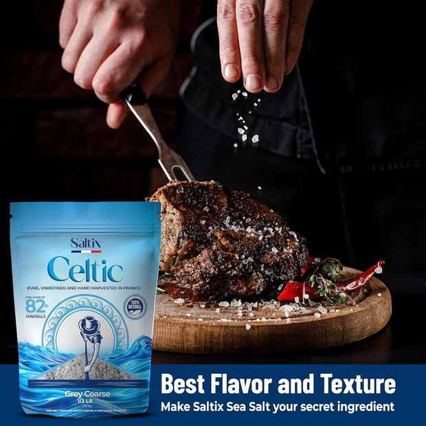 Saltix Grey Sea Salt Grey Coarse 1lb Harvested in France | 100% Natural, Organic and Unrefined | Rich in 82+ Minerals, Resealable bag (1/2lb 2 Pack)