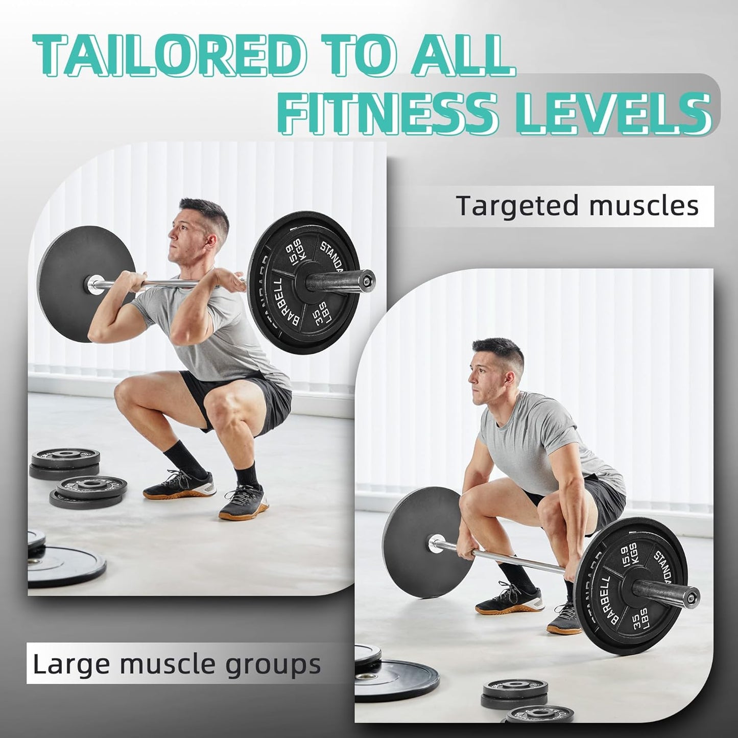 Olympic 2-Inch Cast Iron Barbell Set, 5FT/7FT Olympic Barbell with 85LB-255LB Weight Plates, Multiple Packages