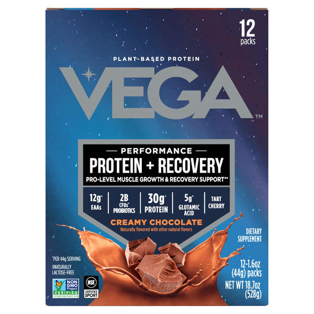 Vega Sport Vegan Protein Powder + Recovery - 30g Plant Based Protein per Serving, Chocolate, 19 Servings, 5g BCAAs, Probiotics, NSF Certified, For Shakes & Smoothies, 1.8lbs (Packaging May Vary)