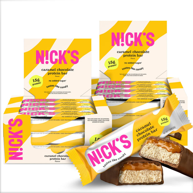 Nick’s Chocolate Caramel Protein Bars – 12-Count Box | High Protein, Low Calories, Low Carbs, Keto Friendly, No Added Sugar