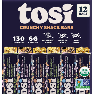 Tosi Cashew Variety Pack Protein Bars, Plant Based with Nuts, Gluten-Free Crunchy Snacks, Vegan, Organic, Flax & Chia Seeds, Soy-Free, Omega 3s, 5G Protein, 1 oz, 12-Pack