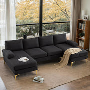VINGLI 110" Modern U Shaped Sectional Couch with 51"D Double Chaise for Living Room, Black Deep Seat Sectional Sofa Sets with 5.9" Thickness Seating Padding for Home Furniture,Linen Fabric,Metal Legs
