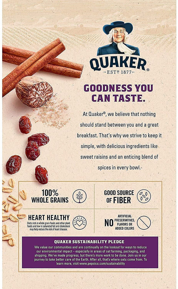 Quaker Instant Oatmeal, Raisin & Spice, Breakfast Cereal, 10 count , 1.51 oz Packets Per Box (Pack of 4)