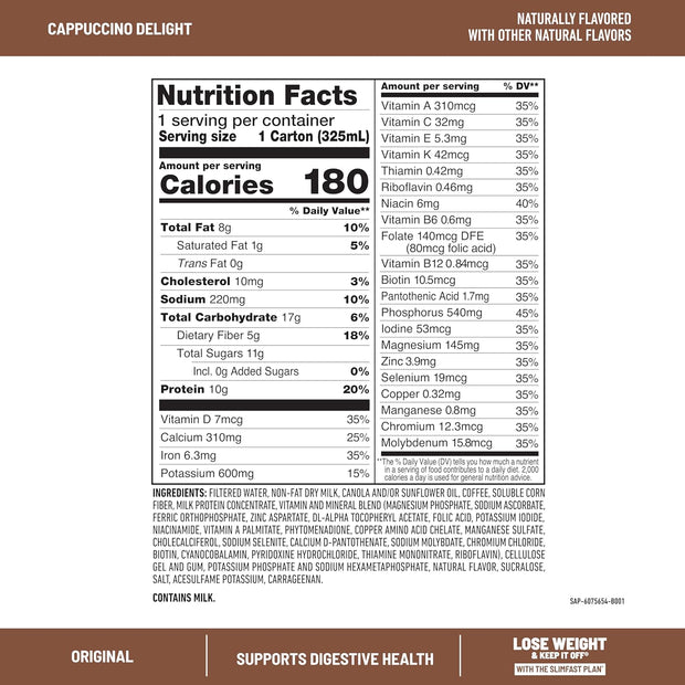 SlimFast Meal Replacement Shake, Original Cappuccino Delight, No Added Sugar, Meal Replacement Shakes, 10g Ready to Drink Protein, 5g Fiber, 25 Vitamins and Minerals, 11 Fl. Oz, 12 Count