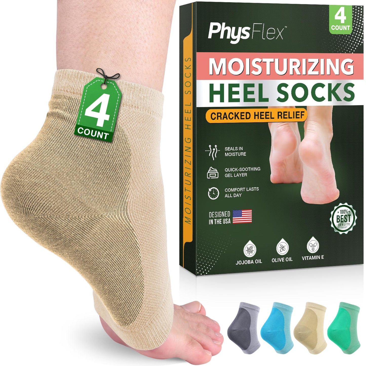 4-Pack Moisturizing Heel Socks for Cracked Heels - Gel Socks for Dry Cracked Feet Repair - Silicone Socks for Women and Men Foot Treatment & Overnight Hydration (Gray)