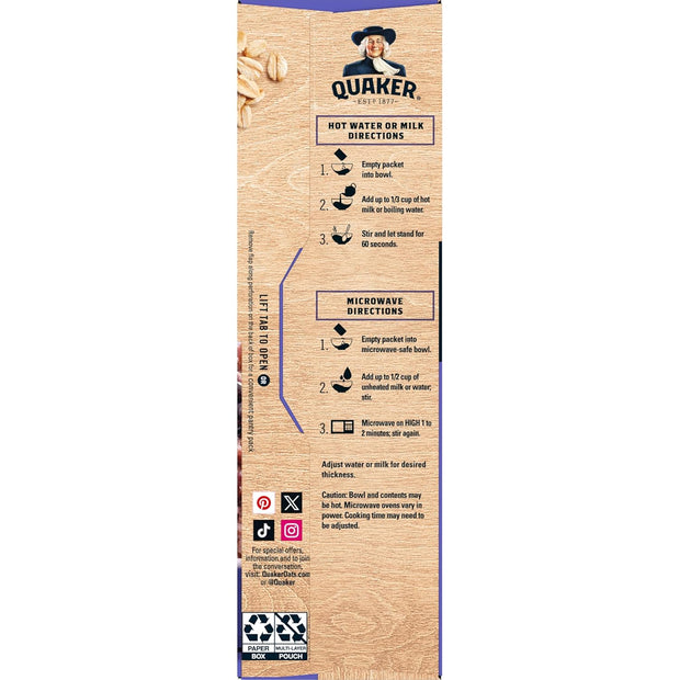 Quaker Immunity Instant Oatmeal, Blueberry Blackberry, Good Source of Vitamins C, D, & Zinc, Whole Grains, No Artificial Flavors, No Colors from Artificial Sources, 1.41 oz Packets, (6 Pack)