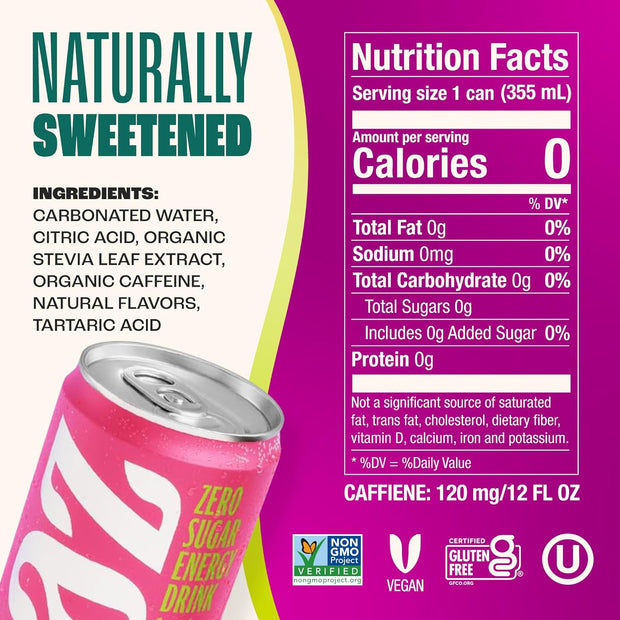 Zevia Zero Sugar Energy Drink, Fruity Fuel Variety Pack, 12 oz Cans (12-Pack) – Naturally Sweetened, Non-GMO Project Verified, Gluten-Free, Vegan