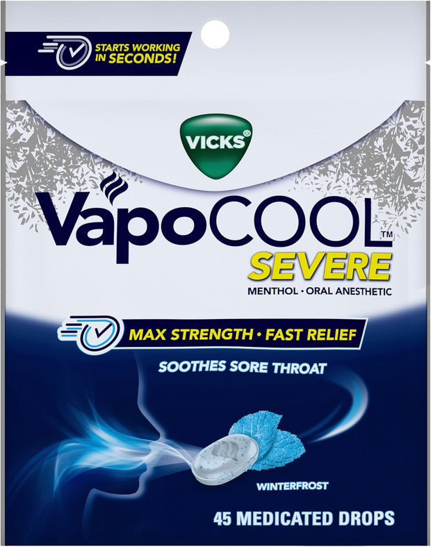Vicks VapoCool Severe Sore Throat Drops, Max Strength Menthol, Soothes Sore Throat Pain, Winterfrost Flavor, 225ct (5-pack of 45ct)
