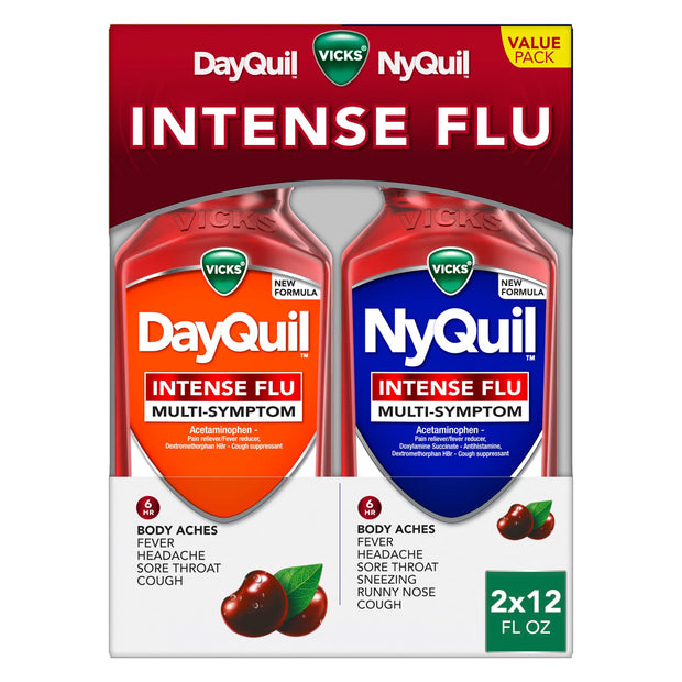 Vicks DayQuil & NyQuil Intense Flu Liquid, Value Pack, Over-The-Counter, Multi-Symptom, Powerful Relief for Body Aches, Fever, Headache, Sore Throat, and Cough, 6 Hour Relief, Cherry Flavor, 12 FL OZ