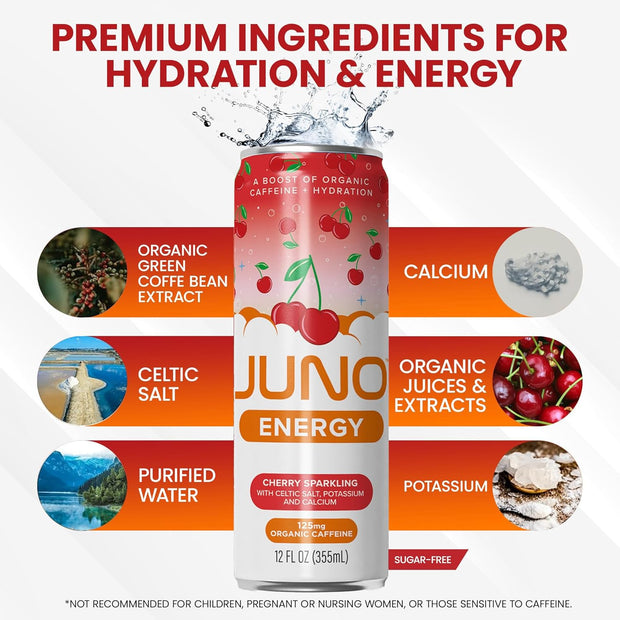 JUNO ENERGY Organic Cherry Sparkling Drink - Sugar Free Electrolytes, Energizing and Hydrating with 125mg Organic Caffeine from Green Coffee Beans, Organic Monk Fruit, Organic Sour and Black Cherry Juice & Electrolytes - Vegan, Gluten Free, 12 Pack