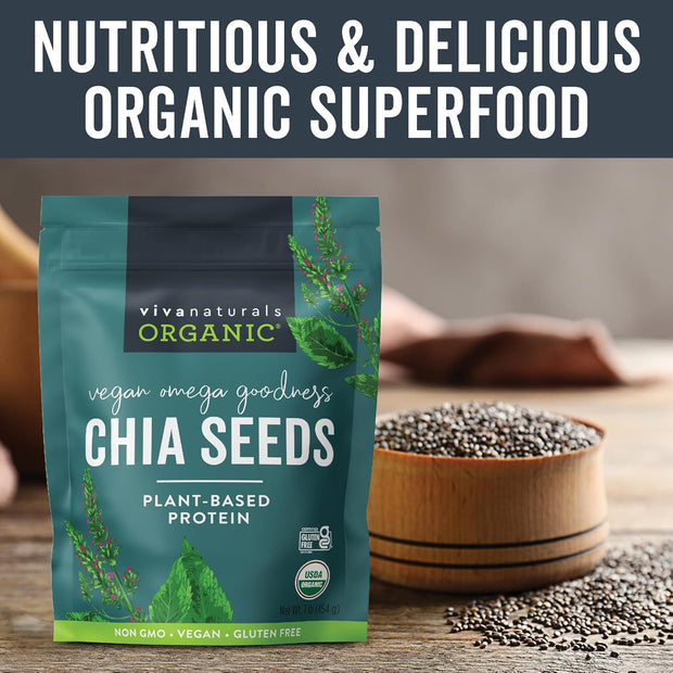 Viva Naturals Organic Chia Seeds 2 LBs - Plant-Based Omega-3 and Vegan Protein, Non-GMO Chia Seeds Organic Perfect for Smoothies, Salads and Chia Seed Pudding, Black Chia Seeds Bulk