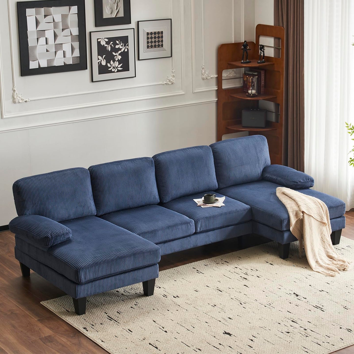 Karl home U-Shape Sectional Sofa Couch 111" Modern 4-Seat Sofa with Chaises Chenille Fabric Upholstered Covertible Couch with Wood Grain Legs for Living Room, Reception Room, Apartment, Beige