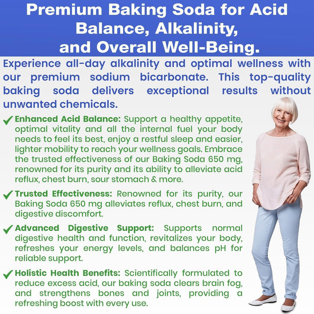 Natural Baking Soda Capsules - 650mg Baking Soda Tablets for Kidney & Stomach Acid - Sodium Bicarbonate Pills, Bicarbonate of Soda, Bicarbonato de Sodio para Tomar, Sodium Bicarbonate 650 mg Tablets