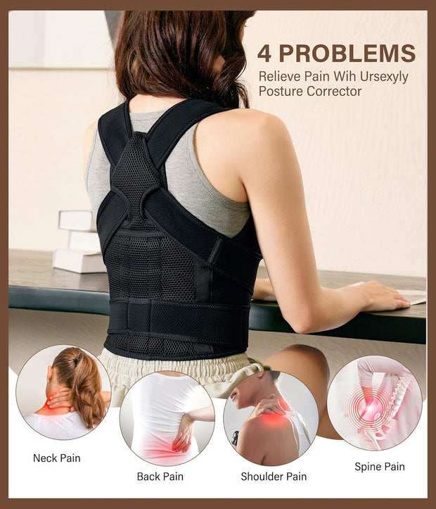 URSEXYLY Back Brace Posture Corrector for Women and Men, Breathable Shoulder Brace, Upper and Lower Back Pain Relief, Adjustable Full Back Support(Medium,Black)