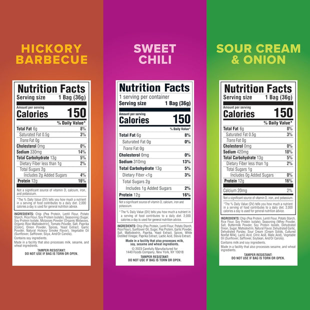 Pure Protein Popped Crisps, High Protein Snack, 12G Protein, Variety Pack: Hickory Barbecue, Sour Cream & Onion, Sweet Chili, 12 Count