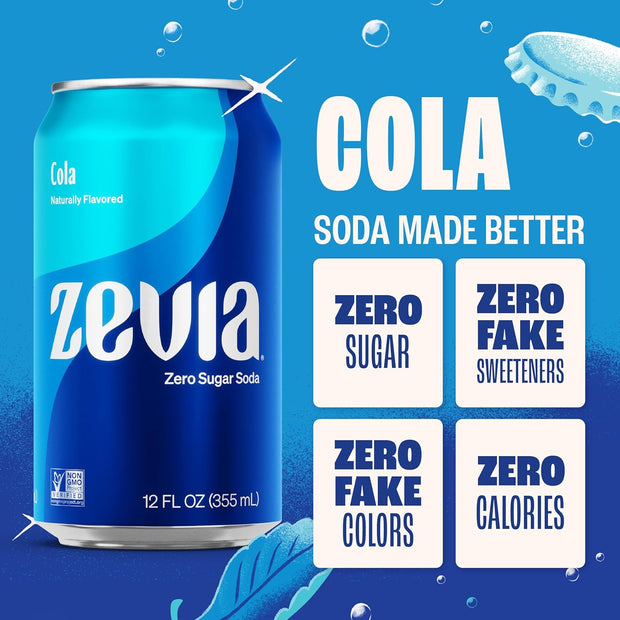 Zevia Zero Sugar Soda, Cola, 12 oz Cans (24-Pack) – Naturally Sweetened, Zero Calorie Sugar Free Soda - Non-GMO Project Verified, Gluten-Free, Vegan
