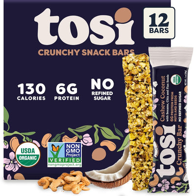 Tosi Nut Bars, Cashew Coconut, Healthy Snacks for Adults & Kids, Plant Based Crunchy Bars (6G Protein), Organic Keto Snacks, Vegan, Gluten & Soy Free, Low Sugar, Omega 3s, 1oz, 12-Pack